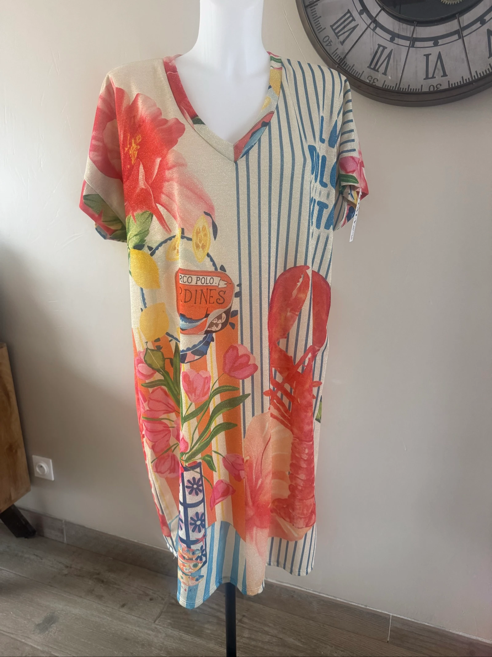 Robe tunique pailletée tendance imprimé bord de mer Made in Italy – Taille unique